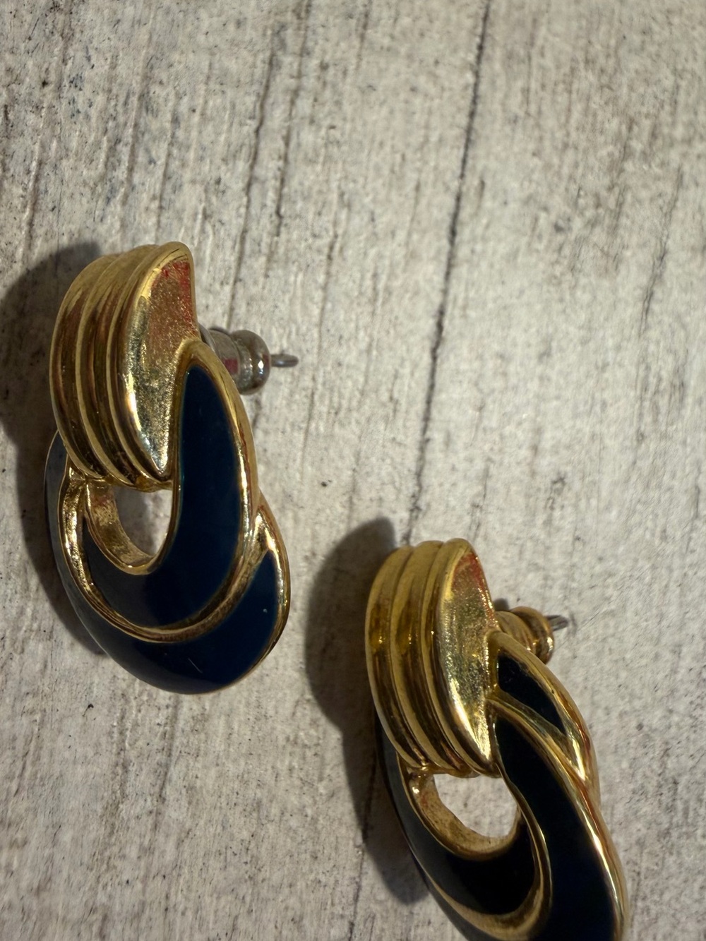 Trifari Gold-Tone Earrings with Deep Navy Enamel